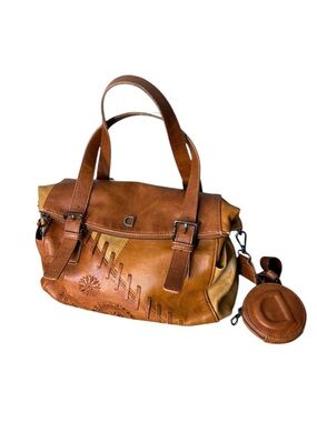 DESIGUAL Mandala Bag Cognac Brown Tan Satchel Crossbody Faux Leather Boston Bag